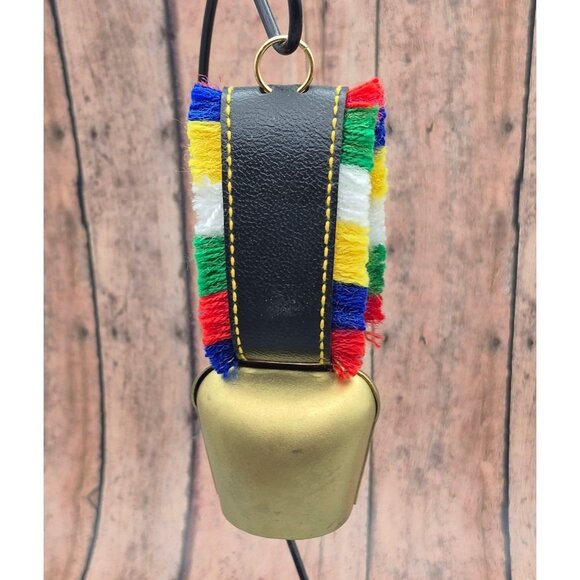 Vintage Swiss Cow Bell Switzerland Souvenir Floral Brass Tone Cowbell With Strap - Picture 4 of 6